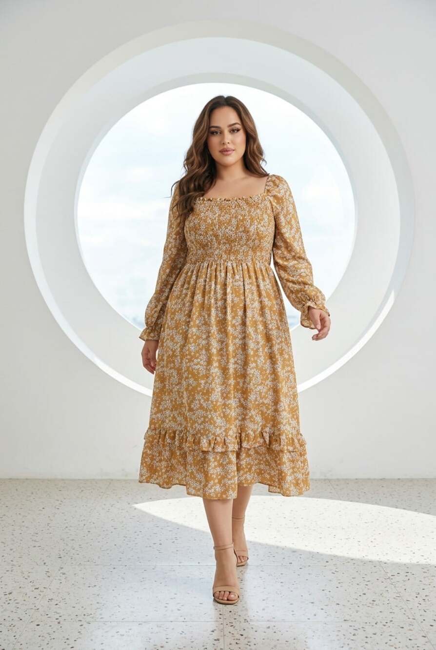 Boho Maxi Dress Tan White Floral Ruffle Off Shoulder Tier Cottagecore Gypsy 2XL
